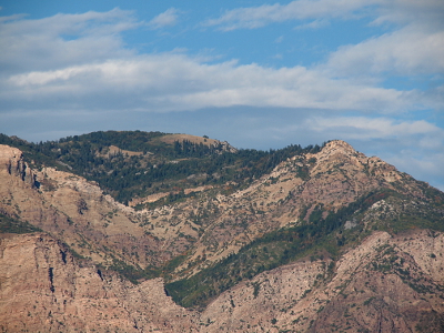 [The tops of the rocky mountain are dusted with green trees. Above it are blue skies with cottony white clouds.]